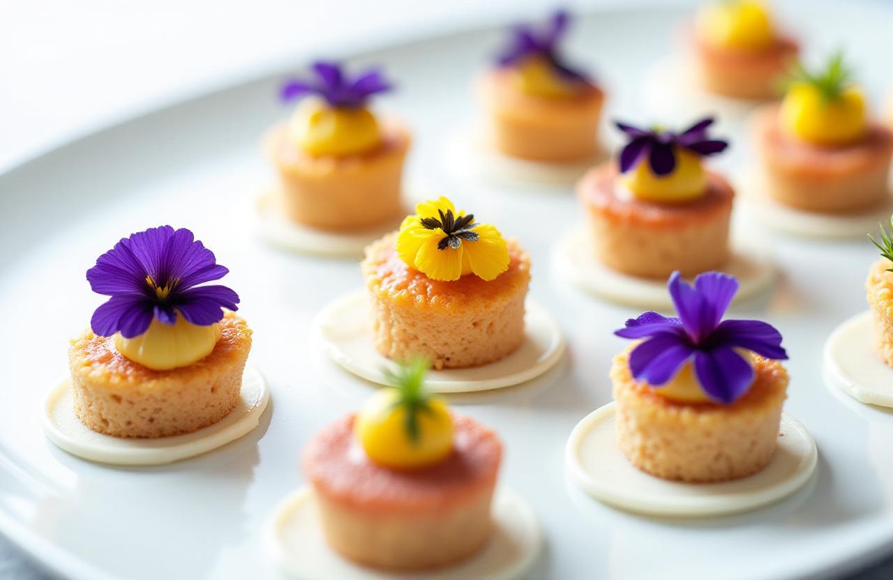 Artistic flatlay of culinary flowers and high-end appetizers